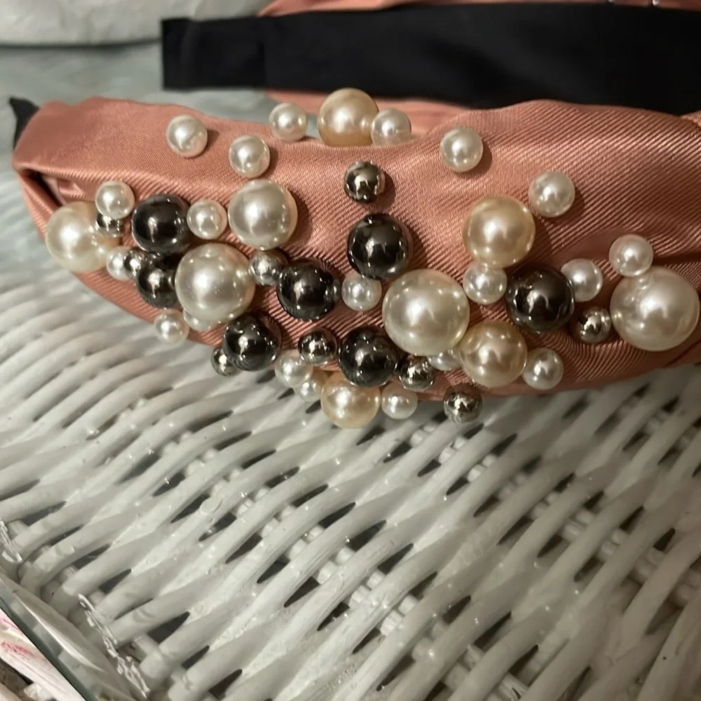 Pink Women's Fashion Wide Faux Pearl Bead Knotted Headband - New